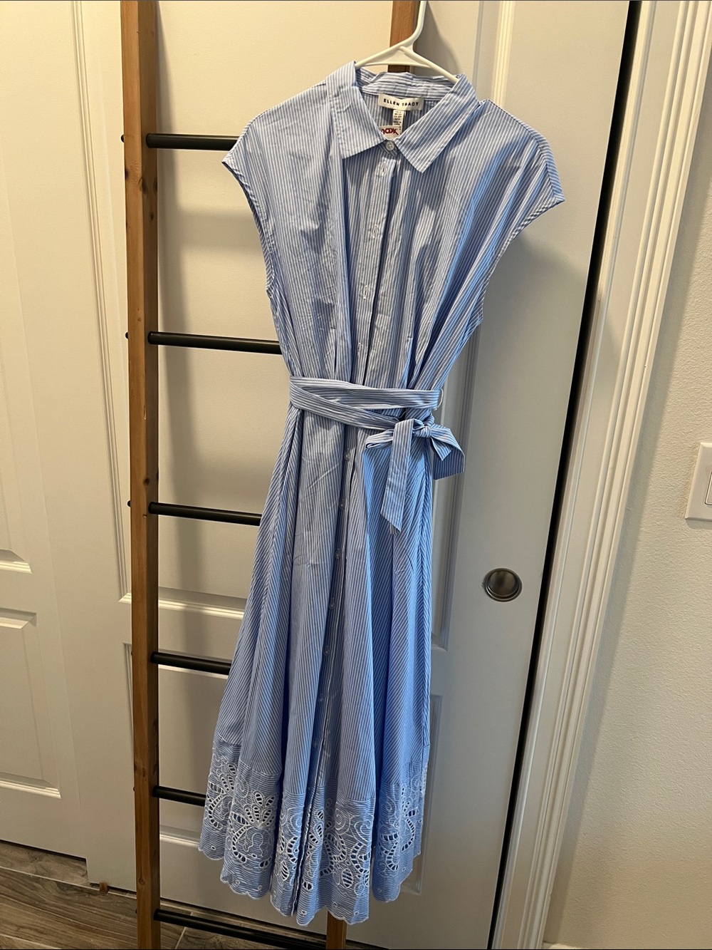 Ellen Tracy Light Blue and White Striped Maxi Shirt Dress with Lace Hem